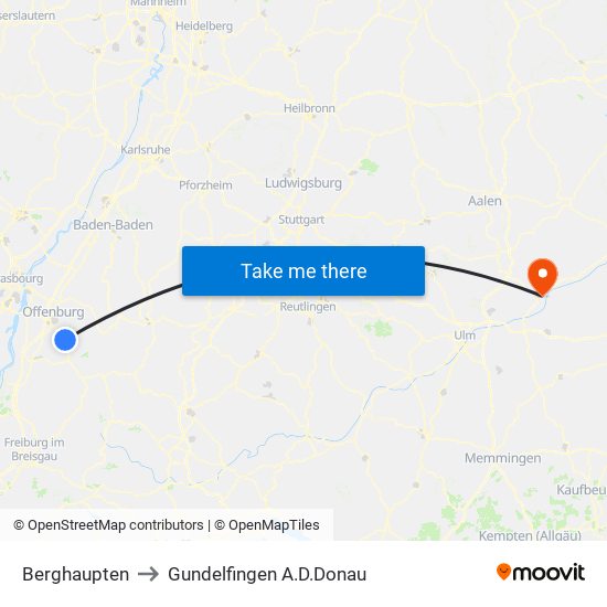 Berghaupten to Gundelfingen A.D.Donau map