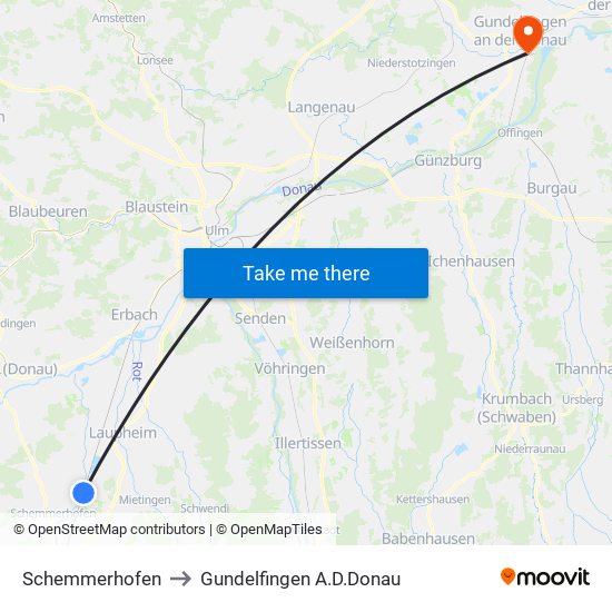 Schemmerhofen to Gundelfingen A.D.Donau map