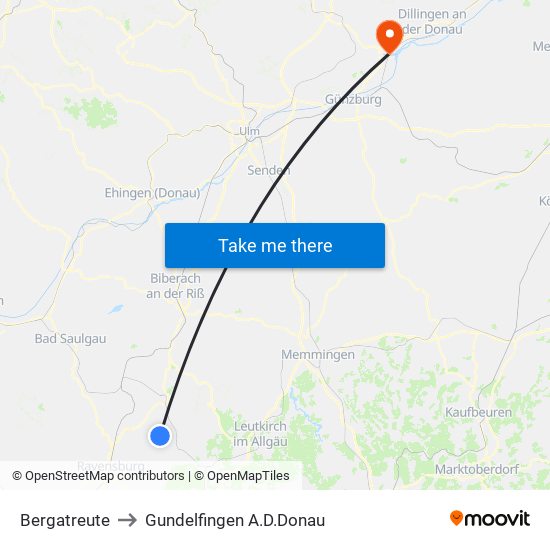 Bergatreute to Gundelfingen A.D.Donau map
