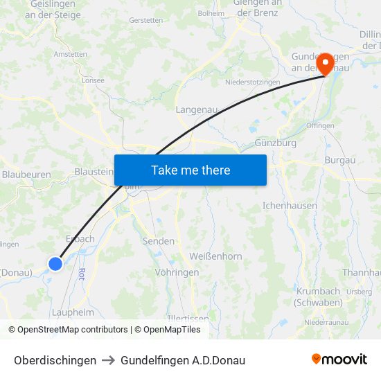 Oberdischingen to Gundelfingen A.D.Donau map