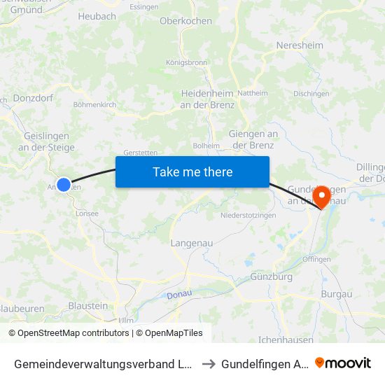 Gemeindeverwaltungsverband Lonsee-Amstetten to Gundelfingen A.D.Donau map