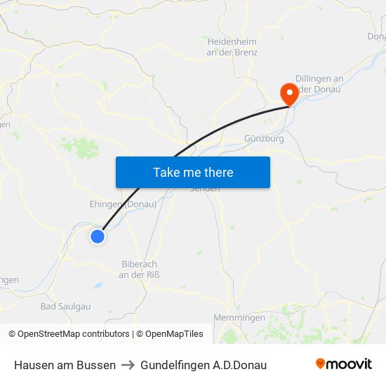 Hausen am Bussen to Gundelfingen A.D.Donau map