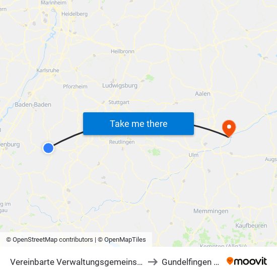 Vereinbarte Verwaltungsgemeinschaft Freudenstadt to Gundelfingen A.D.Donau map