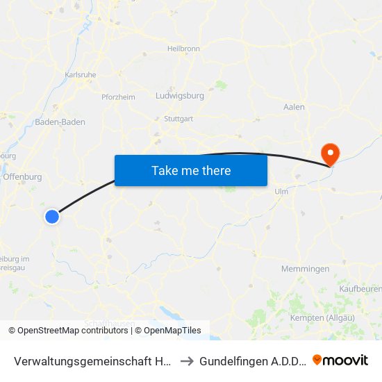 Verwaltungsgemeinschaft Hausach to Gundelfingen A.D.Donau map