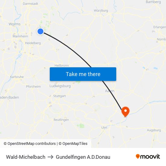 Wald-Michelbach to Gundelfingen A.D.Donau map