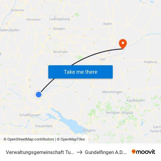 Verwaltungsgemeinschaft Tuttlingen to Gundelfingen A.D.Donau map