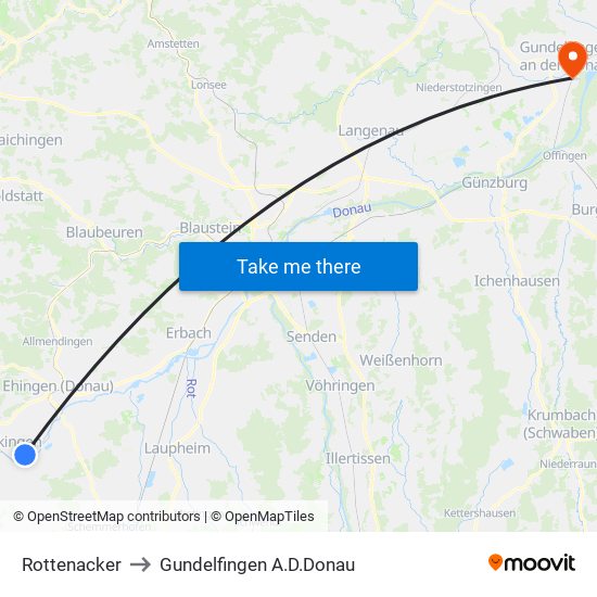 Rottenacker to Gundelfingen A.D.Donau map