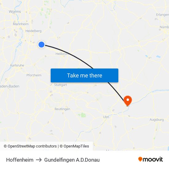 Hoffenheim to Gundelfingen A.D.Donau map