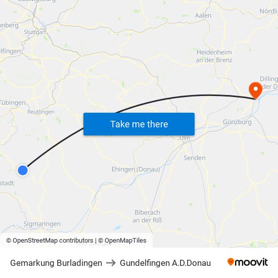 Gemarkung Burladingen to Gundelfingen A.D.Donau map
