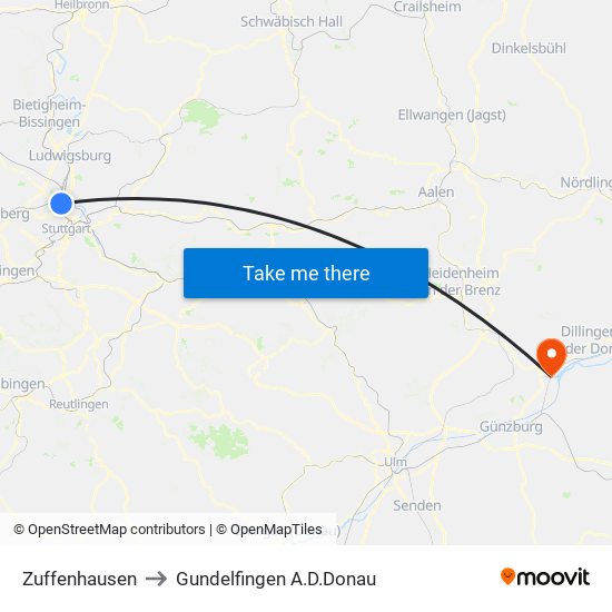 Zuffenhausen to Gundelfingen A.D.Donau map