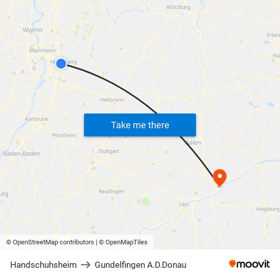Handschuhsheim to Gundelfingen A.D.Donau map