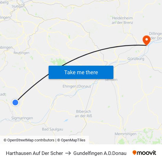 Harthausen Auf Der Scher to Gundelfingen A.D.Donau map