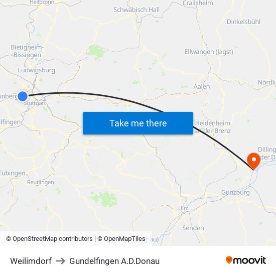 Weilimdorf to Gundelfingen A.D.Donau map