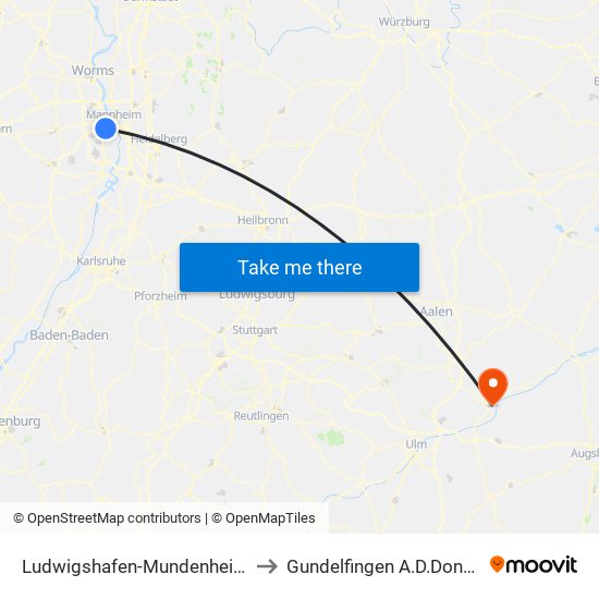 Ludwigshafen-Mundenheim to Gundelfingen A.D.Donau map