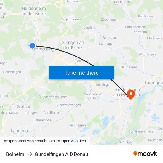 Bolheim to Gundelfingen A.D.Donau map