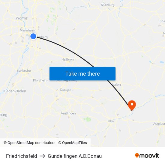 Friedrichsfeld to Gundelfingen A.D.Donau map