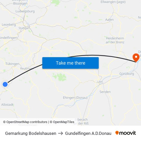 Gemarkung Bodelshausen to Gundelfingen A.D.Donau map