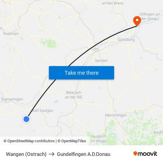 Wangen (Ostrach) to Gundelfingen A.D.Donau map