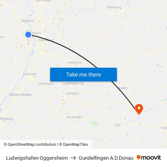 Ludwigshafen-Oggersheim to Gundelfingen A.D.Donau map