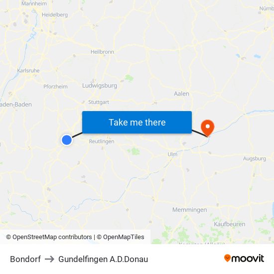Bondorf to Gundelfingen A.D.Donau map