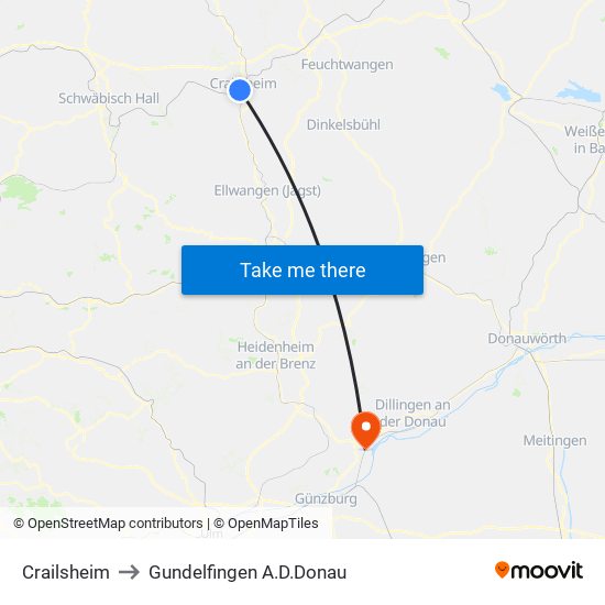 Crailsheim to Gundelfingen A.D.Donau map