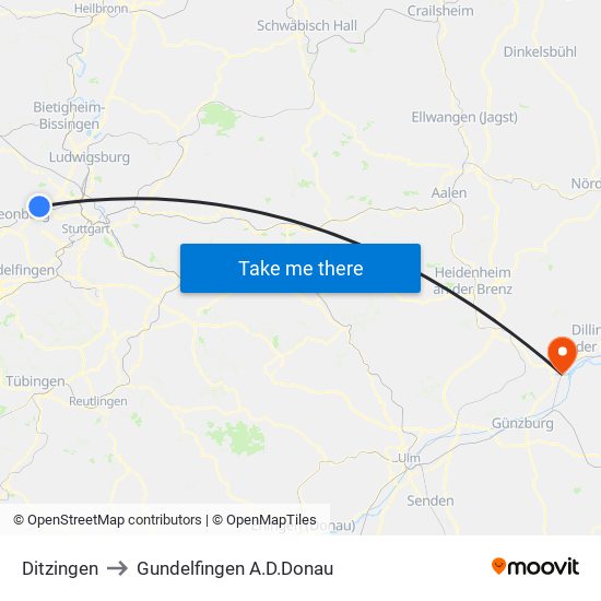 Ditzingen to Gundelfingen A.D.Donau map