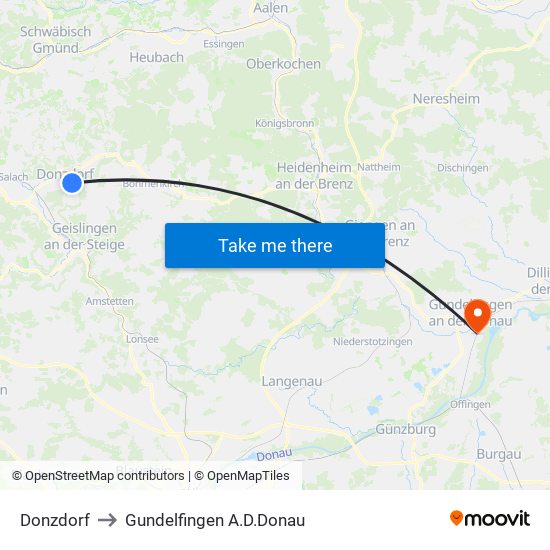 Donzdorf to Gundelfingen A.D.Donau map