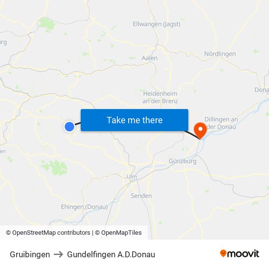 Gruibingen to Gundelfingen A.D.Donau map