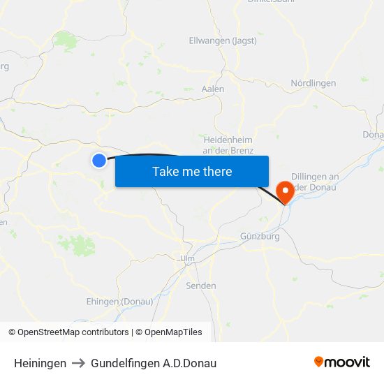 Heiningen to Gundelfingen A.D.Donau map
