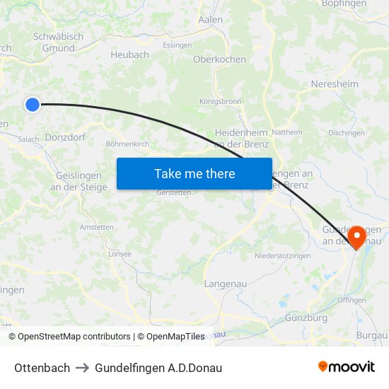 Ottenbach to Gundelfingen A.D.Donau map