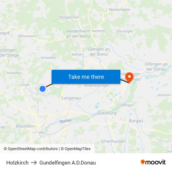 Holzkirch to Gundelfingen A.D.Donau map