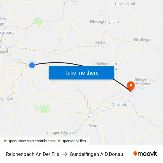 Reichenbach An Der Fils to Gundelfingen A.D.Donau map