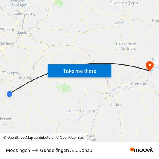 Mössingen to Gundelfingen A.D.Donau map