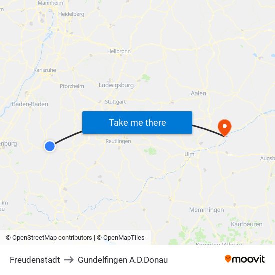 Freudenstadt to Gundelfingen A.D.Donau map