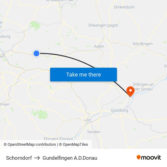 Schorndorf to Gundelfingen A.D.Donau map