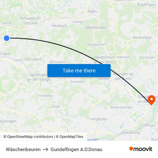 Wäschenbeuren to Gundelfingen A.D.Donau map