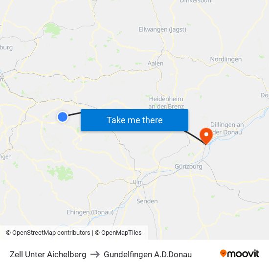 Zell Unter Aichelberg to Gundelfingen A.D.Donau map