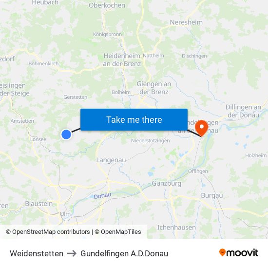 Weidenstetten to Gundelfingen A.D.Donau map