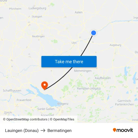 Lauingen (Donau) to Bermatingen map