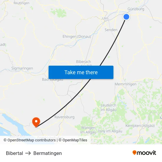 Bibertal to Bermatingen map