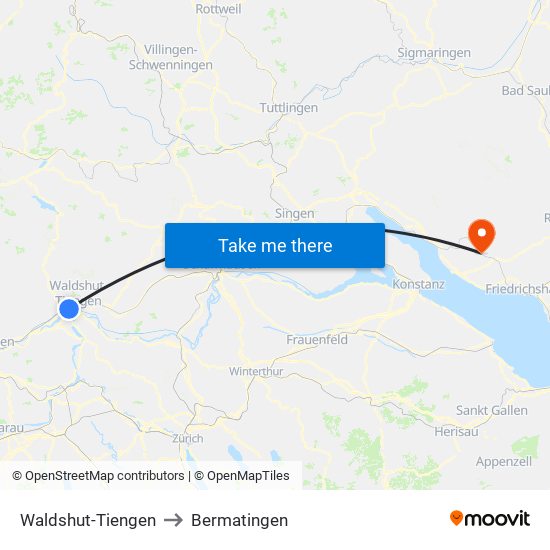Waldshut-Tiengen to Bermatingen map