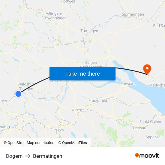 Dogern to Bermatingen map
