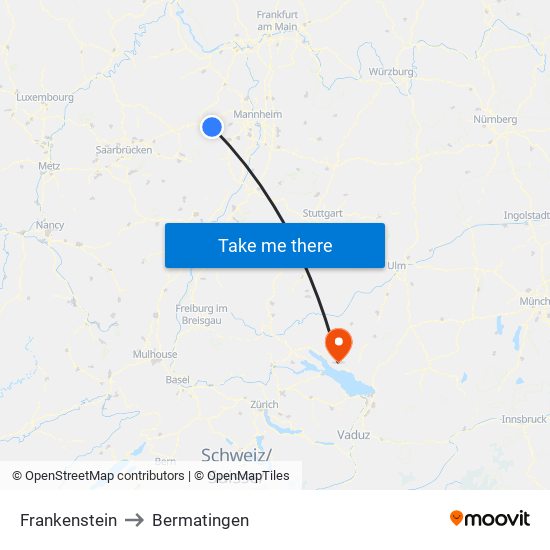 Frankenstein to Bermatingen map