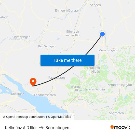 Kellmünz A.D.Iller to Bermatingen map