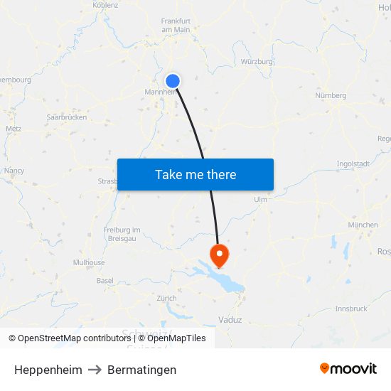 Heppenheim to Bermatingen map