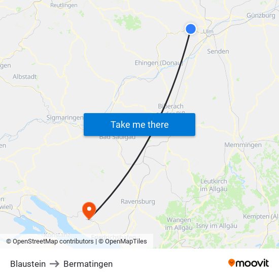 Blaustein to Bermatingen map