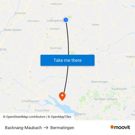Backnang-Maubach to Bermatingen map