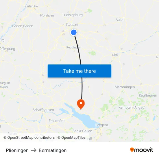 Plieningen to Bermatingen map