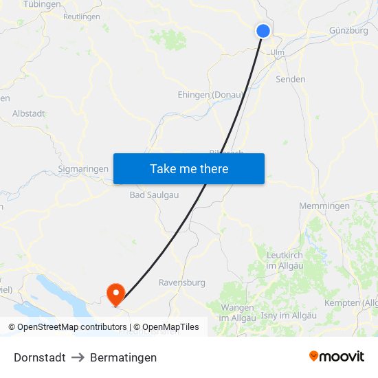 Dornstadt to Bermatingen map