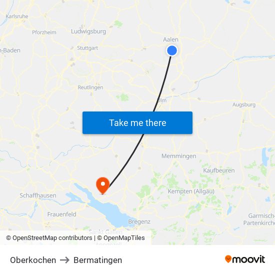 Oberkochen to Bermatingen map